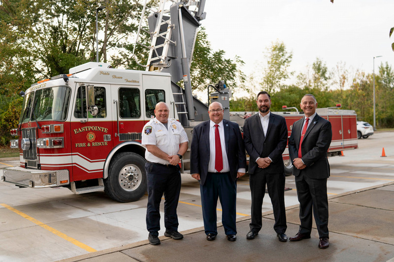 Pictured left to right is Eastpointe Fire Chief Brian Marquardt, Macomb Community College President James O. Sawyer IV, Eastpointe Mayor Mike Klinefelt and Director of the Macomb Community College Public Service Institute Mike Lopez.